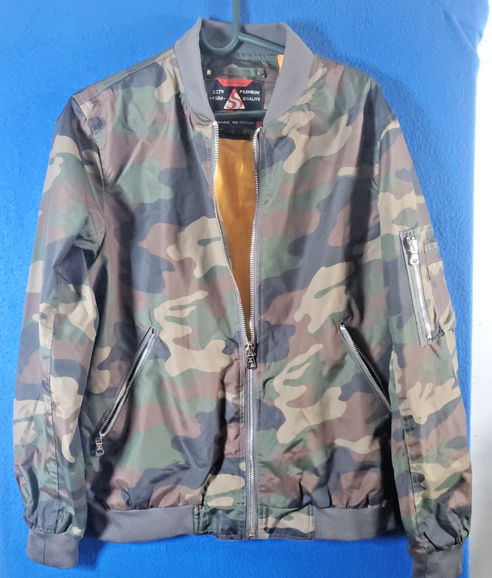 Spire Men's Small MA-1 Flight Bomber Jacket Camo Woodland Water Resistant Green